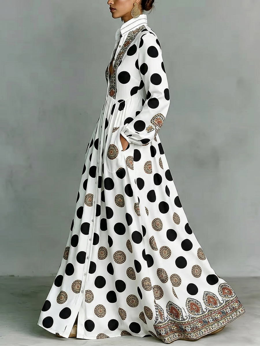 Polka-Dot Pockets Pleated Contrast Color Buttoned Big Hemline Puff Sleeves Loose Stand Collar Maxi Dresses
