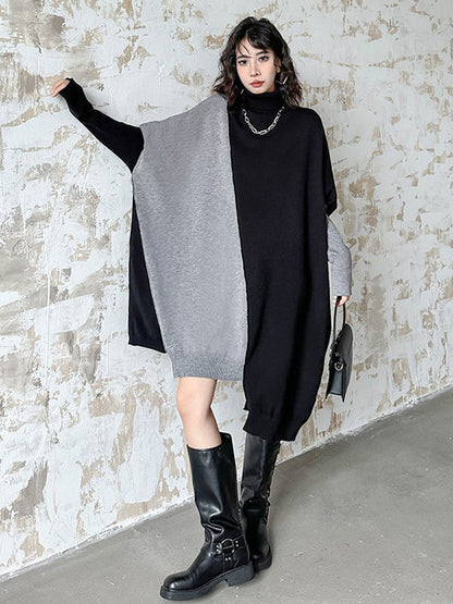 Batwing Sleeves Hipster Asymmetric Contrast Color Split-Joint High-Neck Midi Dresses Sweater Dresses