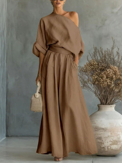 Loose Solid Color One-Shoulder Blouses&Shirts Tops + High Waisted Pleated Pockets Pants Trousers Two Pieces Set