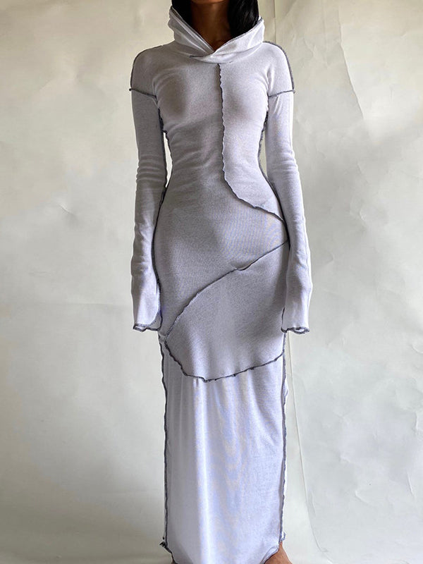 Robe longue fendue à capuche et manches longues, grande taille, couleur unie 