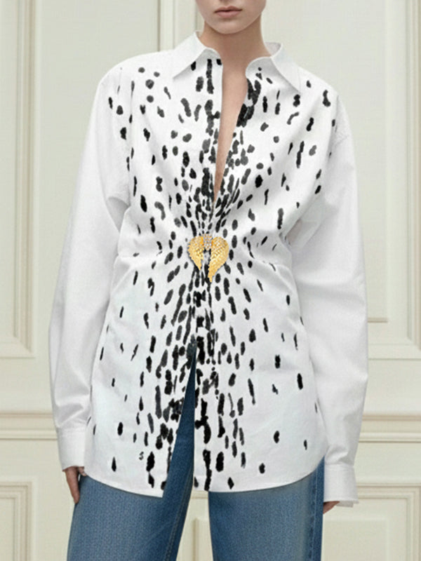 Long Sleeves Loose Brooch Elasticity Heart Shape Pleated Print Lapel Collar Blouses&Shirts Tops