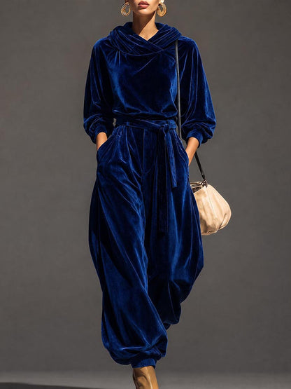 Solid Color Velvet Hooded Long Sleeves Hoodies&sweatshirt Tops + Tied Buttoned Pleated High Waisted Pants Trousers Two Pieces Set
