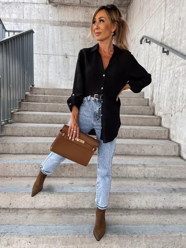 Chemisiers tendance à manches longues et col à revers de couleur unie 