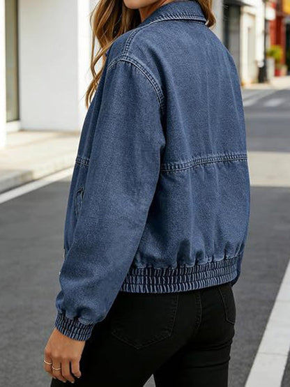 Zipper Split-Joint Solid Color Pockets Elasticity Long Sleeves Cropped Lapel Outerwear Jackets