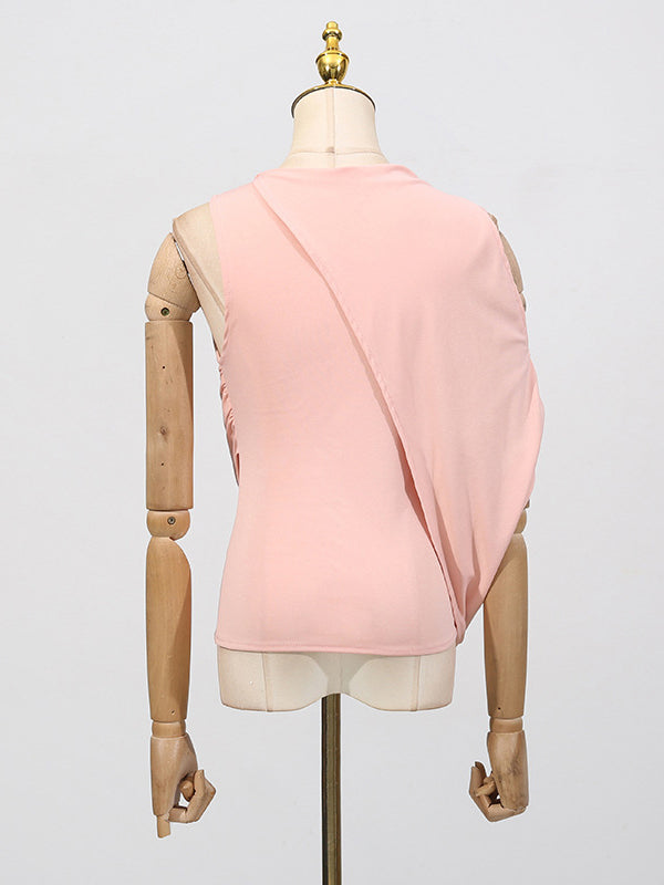 Loose Sleeveless Pleated Solid Color Round-Neck T-Shirts Tops