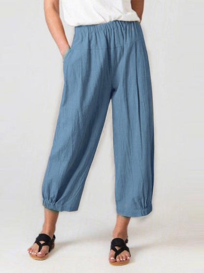 Solid Color Pockets Elasticity High Waisted Trousers Ninth Pants