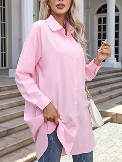 High-Low Irregular Clipping Solid Color Split-Joint Lapel Blouses