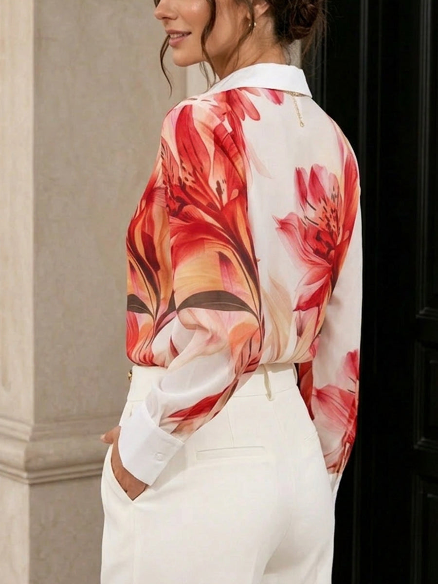 Long Sleeves Buttoned Contrast Color Flower Print Lapel Blouses&Shirts Tops