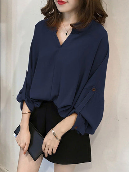 Casual Long Sleeves Loose Solid Color V-Neck Blouses&Shirts Tops