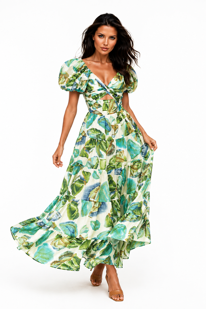 ERVA Botanica Escape Maxi Dress – Puff Sleeve Cutout Botanical Print Dress