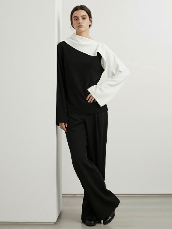 Long Sleeves Loose Asymmetric Contrast Color Asymmetric Collar Blouses&Shirts Tops