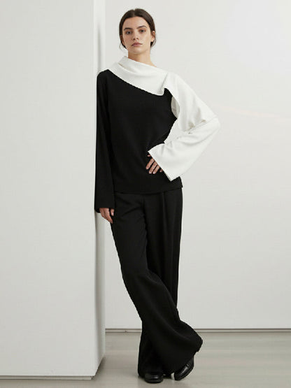 Long Sleeves Loose Asymmetric Contrast Color Asymmetric Collar Blouses&Shirts Tops