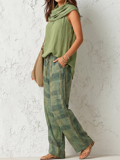 High Waisted Loose Contrast Color Plaid Pockets Pants Trousers