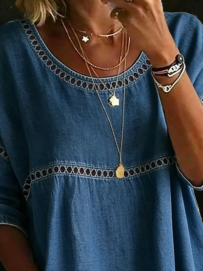 Loose Three-Quarter Sleeves Hollow Solid Color Round-Neck Blouses&Shirts Tops
