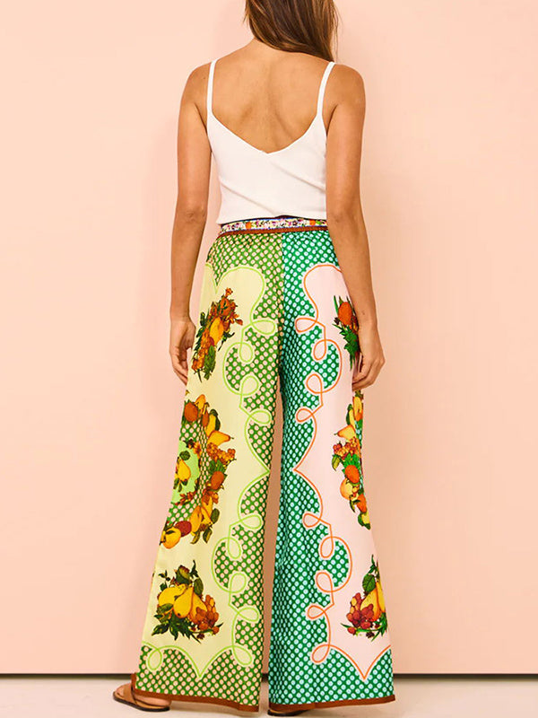 Loose Short Sleeves Contrast Color Floral Printed Lapel Shirt Top&Pants Two Pieces Set