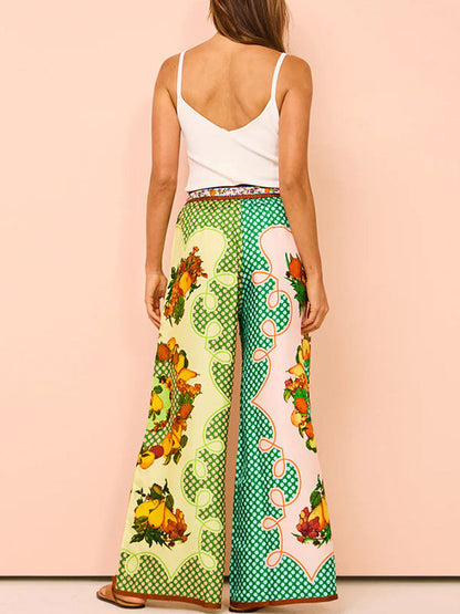 Loose Short Sleeves Contrast Color Floral Printed Lapel Shirt Top&Pants Two Pieces Set