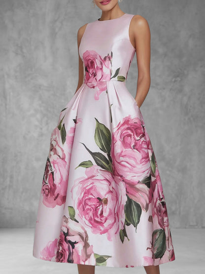 A-Line High Waisted Contrast Color Flower Print Pleated Pockets Zipper Round-Neck Midi Dresses