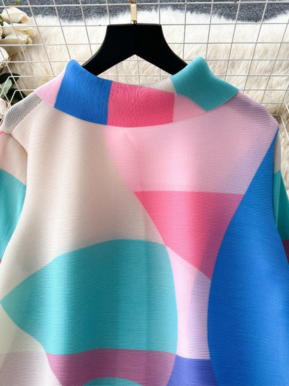 Flared Sleeves Loose Belted Contrast Color Pleated Midi Dresses