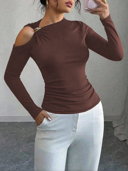 Long Sleeves Skinny Asymmetric Solid Color Asymmetric Neckline T-Shirts