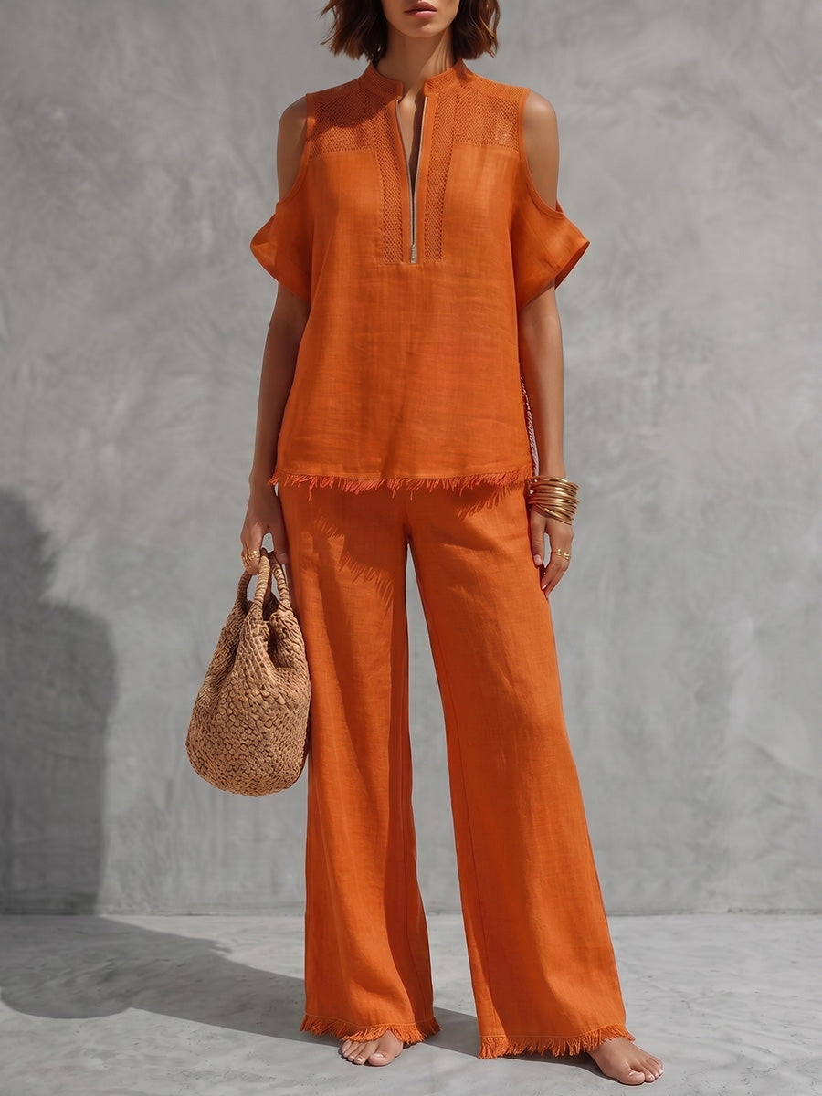 Fringed Cold Shoulder Half-Zip Solid Color Short Sleeve Blouses&Shirts Tops + Pants Bottoms Trousers Two Pieces Set