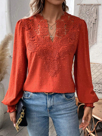 Balloon Sleeves Long Sleeves Embroidered Hollow Solid Color V-Neck Blouses&Shirts Tops