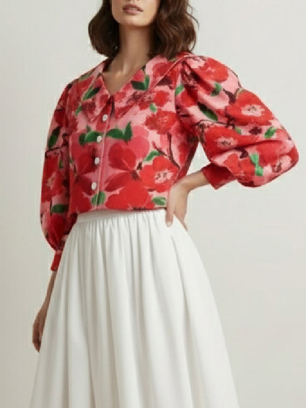 Long Sleeves Puff Sleeves Buttoned Flower Print Lapel Blouses&Shirts Tops