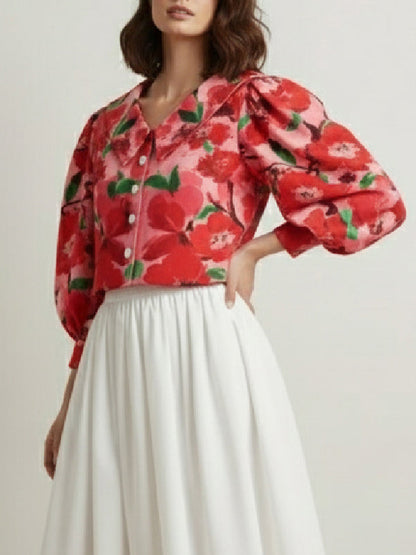 Long Sleeves Puff Sleeves Buttoned Flower Print Lapel Blouses&Shirts Tops
