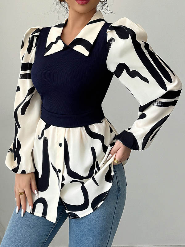 Long Sleeves Loose Buttoned Contrast Color Pleated Split-Joint Lapel Blouses&Shirts Tops