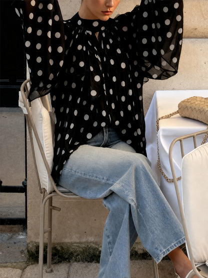Tied See-Through Polka-Dot Contrast Color Puff Sleeves Loose Round-neck Blouses&shirts Tops
