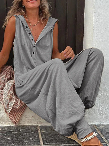 Hooded Loose Buttoned Solid Color V-neck Jumpsuits