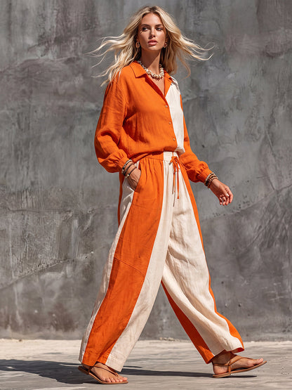 Long Sleeves Puff Sleeves Buttoned Contrast Color Lapel Blouses&Shirts Tops
