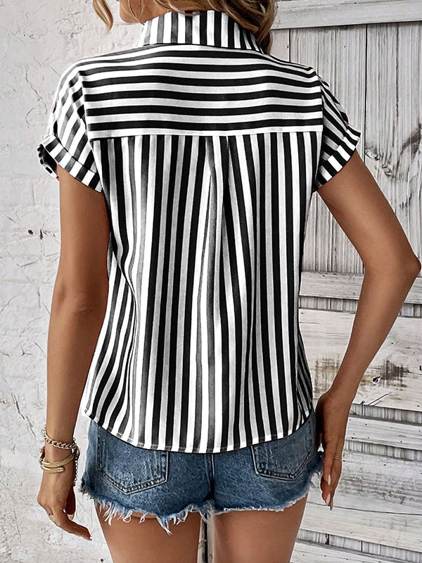 Loose Short Sleeves Contrast Color Split-Joint Striped Patterns Lapel Blouses&Shirts Tops