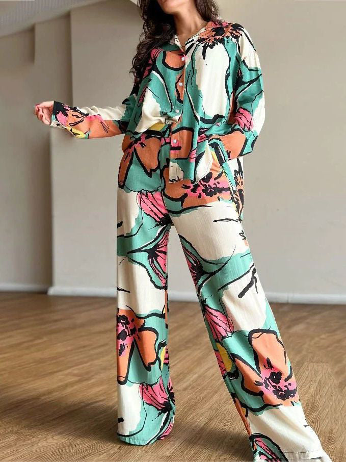 Ensemble deux pièces chemisier à revers boutonné imprimé fleuri + pantalon large taille haute 