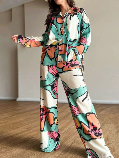 Ensemble deux pièces chemisier à revers boutonné imprimé fleuri + pantalon large taille haute 