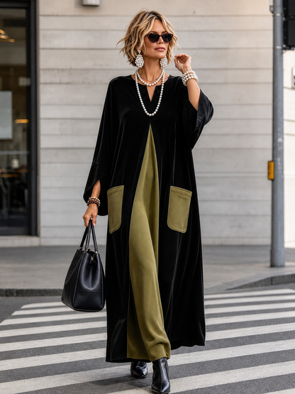 Split-Joint Pockets Contrast Color Loose Long Sleeves V-neck Maxi Dresses