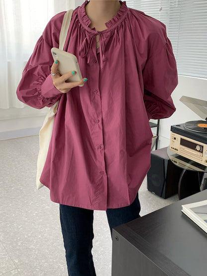 Urban Loose Puffärmel Agaric Laces Falbala Einfarbige Blusen 