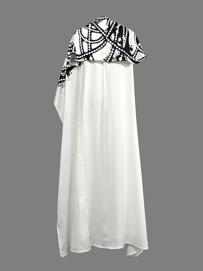 A-Line Capelet Contrast Color Printed Mock Neck Maxi Dresses