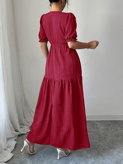 Half Sleeves High Waisted Pleated Solid Color Split-Front V-Neck Maxi Dresses