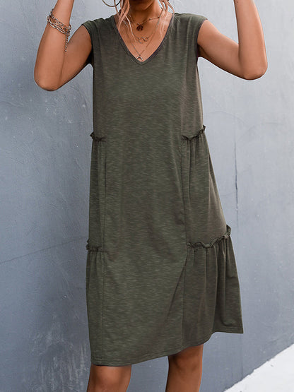 A-line Loose Pleated Solid Color Split-Joint V-neck Midi Dresses