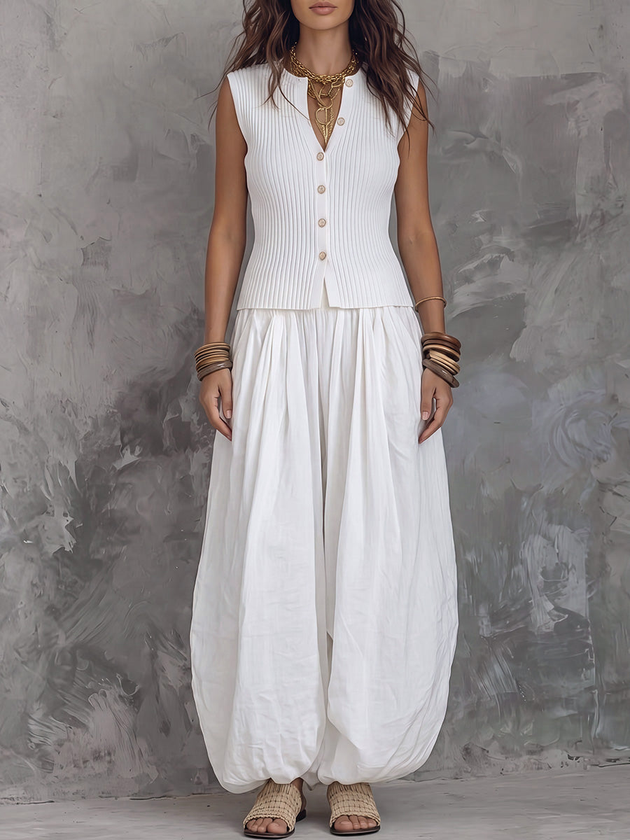 Loose Sleeveless Buttoned Ribbed Knit Solid Color V-Neck Vest Top