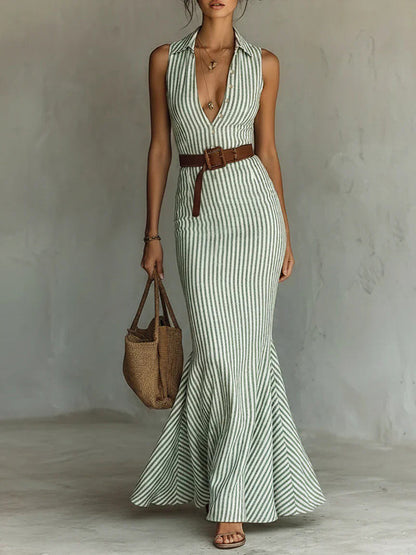 Bodycon Mermaid Belted Striped Deep V-Neck Maxi Dresses