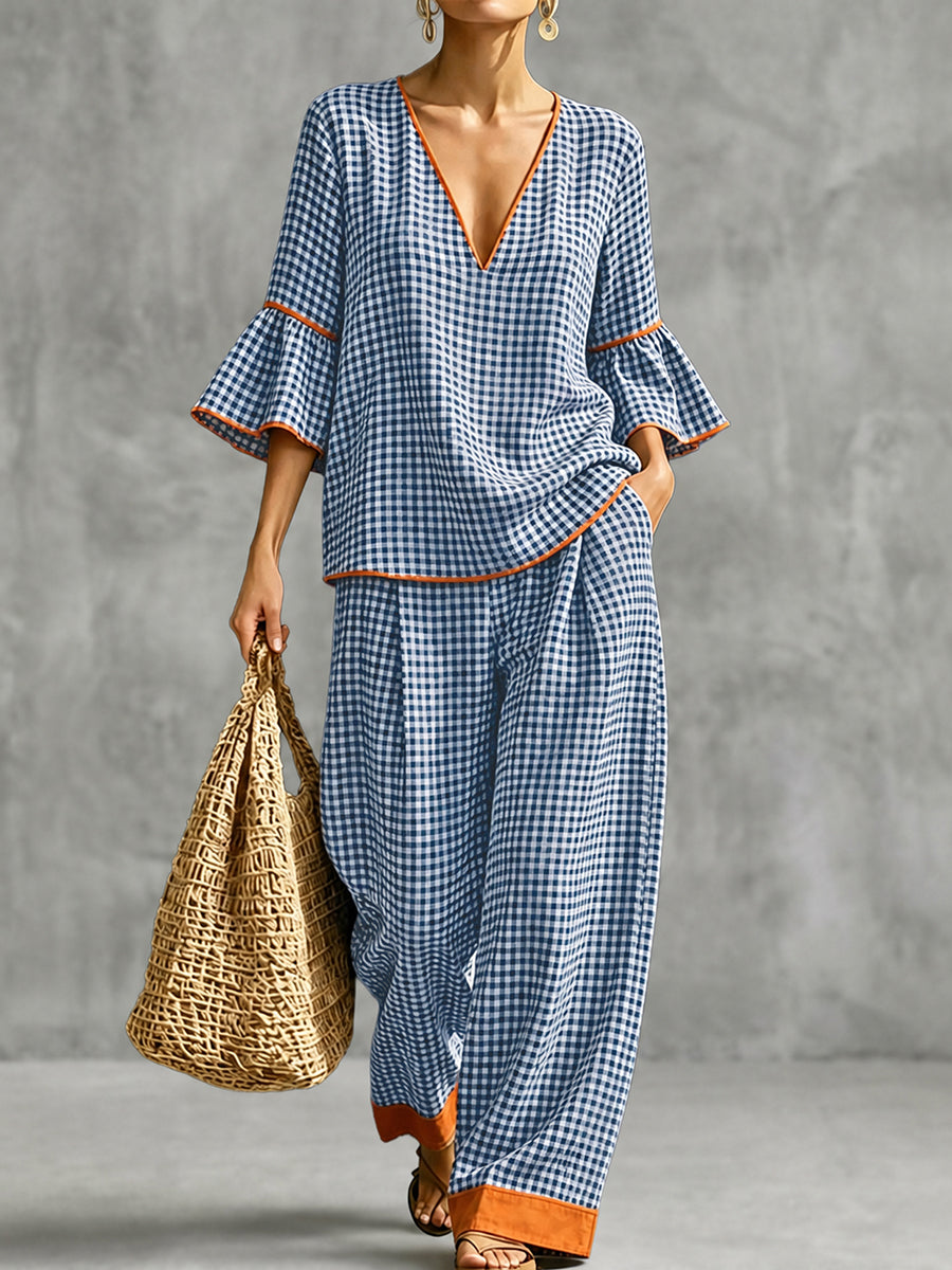 Pockets Plaid Contrast Color Wide Leg High Waisted Trousers Pants