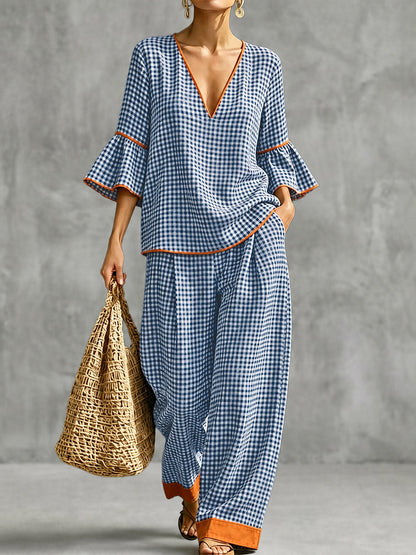 Pockets Plaid Contrast Color Wide Leg High Waisted Trousers Pants