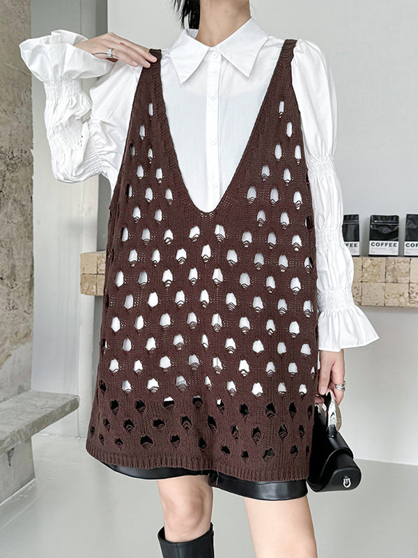 Loose Sleeveless Hollow Solid Color V-Neck Vest Top