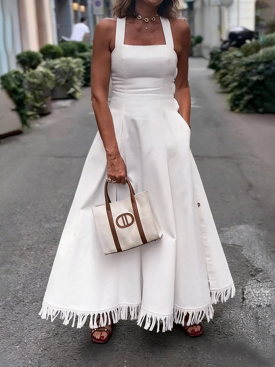 A-Line High Waisted Buttoned Pleated Pockets Solid Color Split-Side Tasseled Square-Neck Maxi Dresses