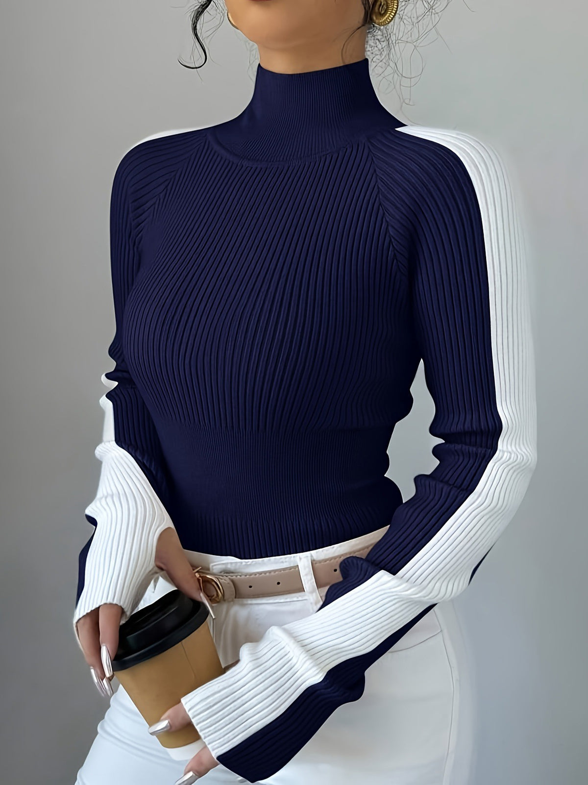 Contrast Color Skinny Long Sleeves High-neck Sweater Tops Pullovers