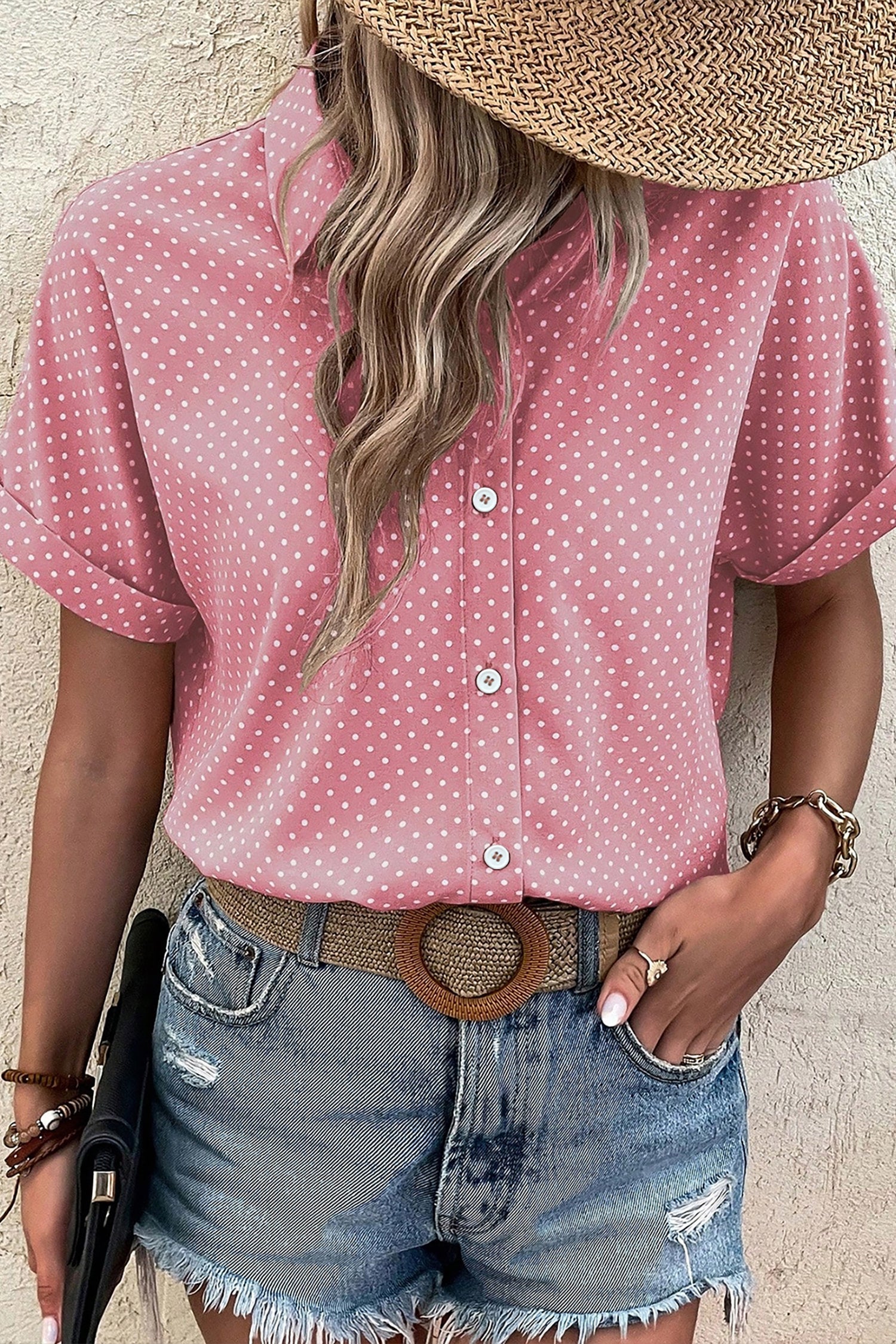 Khaki Dotted Print Cuffed Short Sleeve Shirt