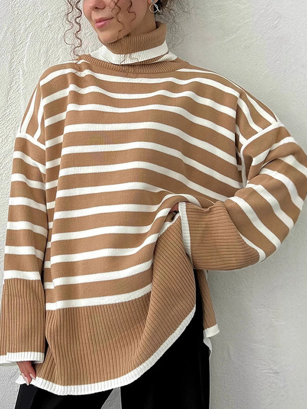 High-Low Long Sleeves Split-Joint Split-Side Striped High Neck Sweater Tops