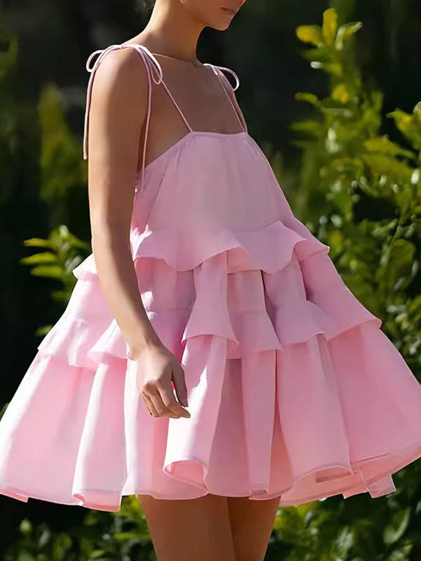 Mini-robes taille haute amples, dos nu, plissées, superposées, couleur unie, nouées, col spaghetti 