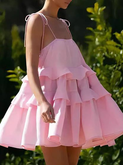 Mini-robes taille haute amples, dos nu, plissées, superposées, couleur unie, nouées, col spaghetti 